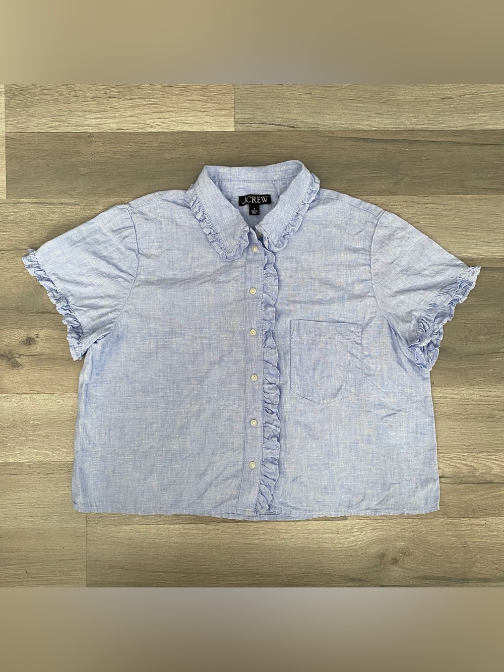 J. Crew 100% Linen Ruffle Trim Button Down Shirt Womens Small Blue Short Sleeve - Picture 3 of 7